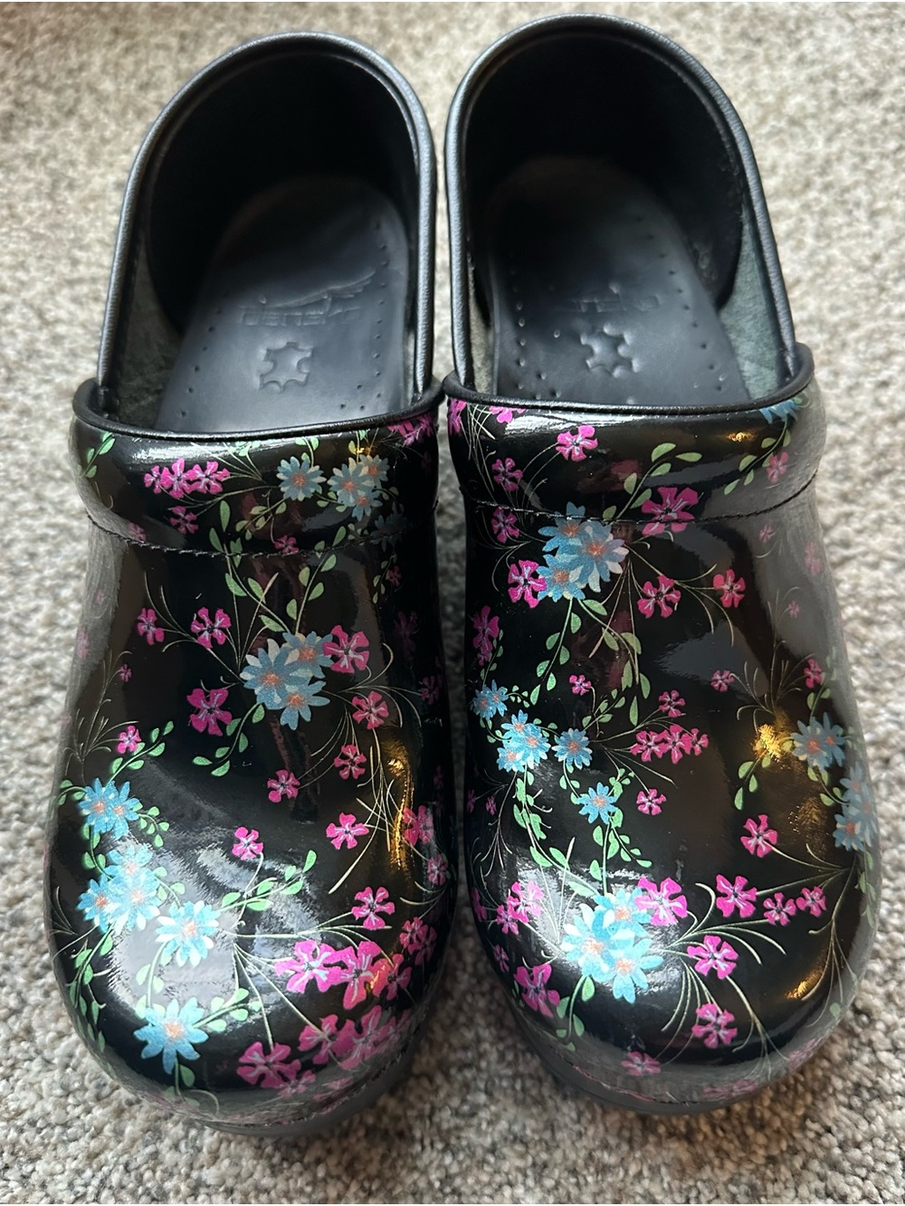 Dansko Black Floral Clogs with Pink and Blue Blooms